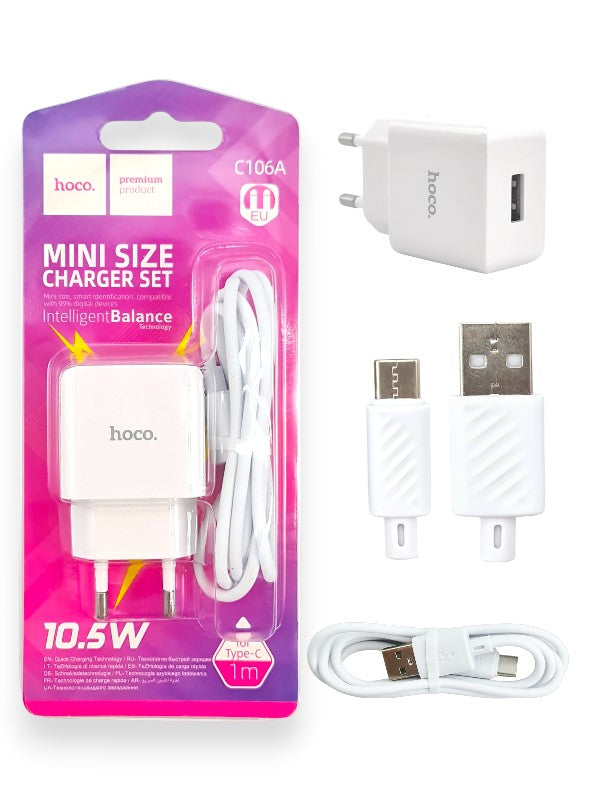 Hoco C106a Type C Cable and Charger 10.5w Max 1m Cable White