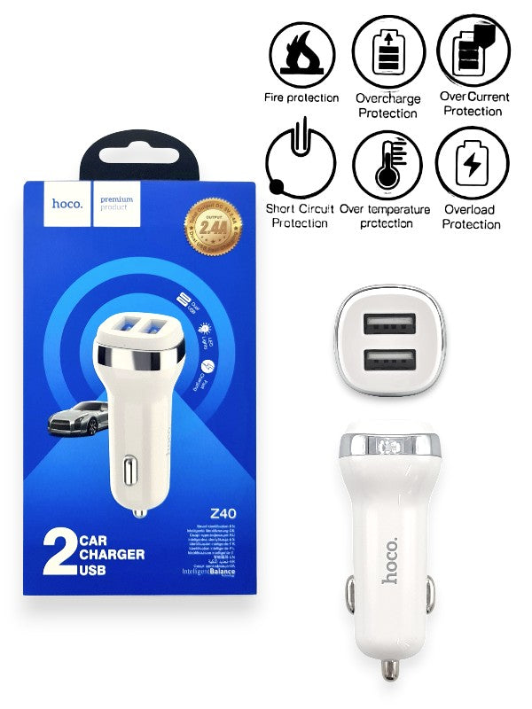 Hoco Z40 | 2 Port Car Charger USB | 2.4a | White